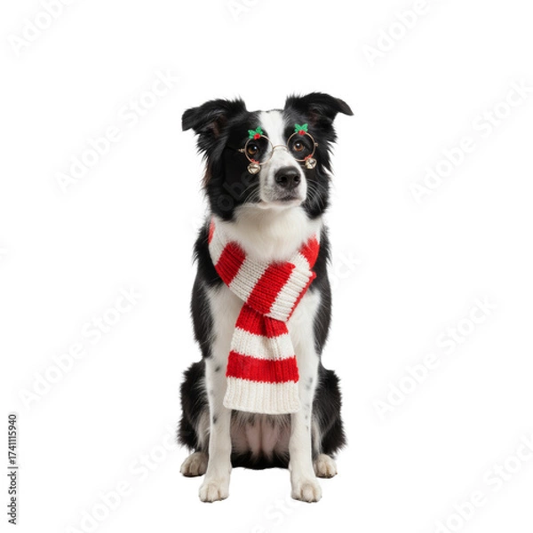 Fototapeta PNG cut out isolated background. A studio portrait of an intelligent Border Collie dog sitting while wearing a festive red and white striped scarf and novelty Christmas glasses.
