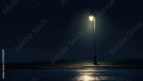 Obraz A solitary street lamp casting a warm glow on a wet road at night.