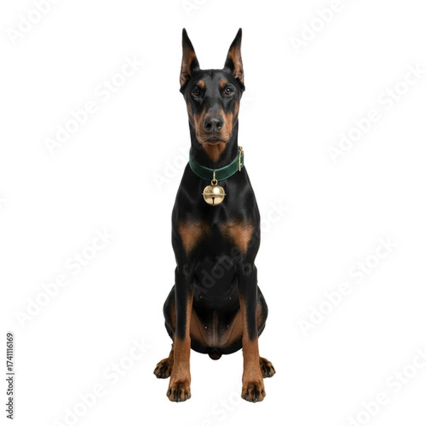Fototapeta PNG cut out isolated background. A studio portrait of an elegant Doberman Pinscher dog sitting while wearing a green velvet collar with a large, gold Christmas jingle bell. 