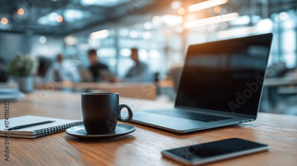 Fototapeta A notebook, coffee cup, and smartphone with coworkers using laptops, collaborating on a project