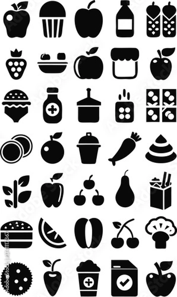 Fototapeta Black and white food icons arranged in a grid showcasing various healthy and unhealthy food options