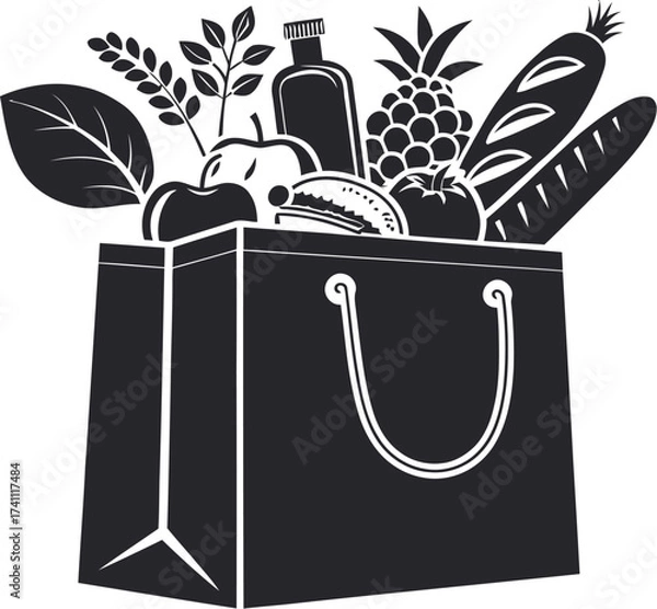 Fototapeta Grocery bag overflowing with fresh produce and goods in a black and white vector illustration