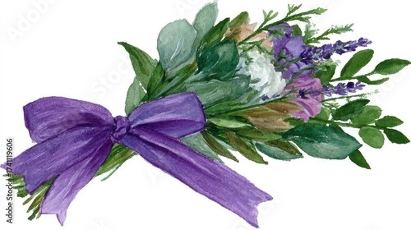 Fototapeta a lavender and eucalyptus bouquet tied with a purple ribbon 