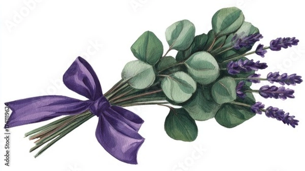 Fototapeta a lavender and eucalyptus bouquet tied with a purple ribbon