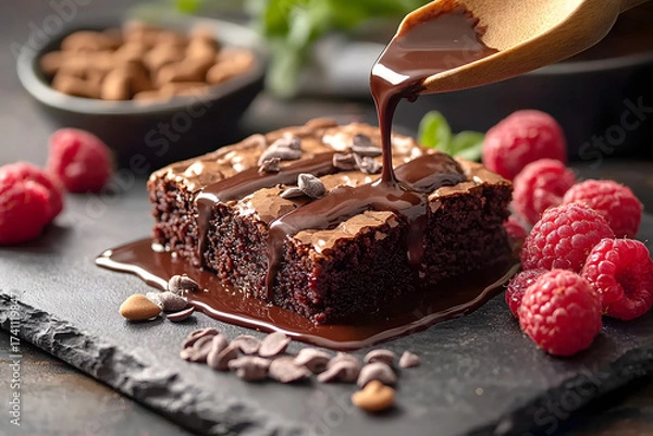 Obraz Chocolate Brownie with Fudge Drizzle and Fresh Raspberries