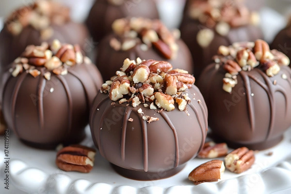 Obraz Chocolate Truffles with Chopped Pecans Close Up