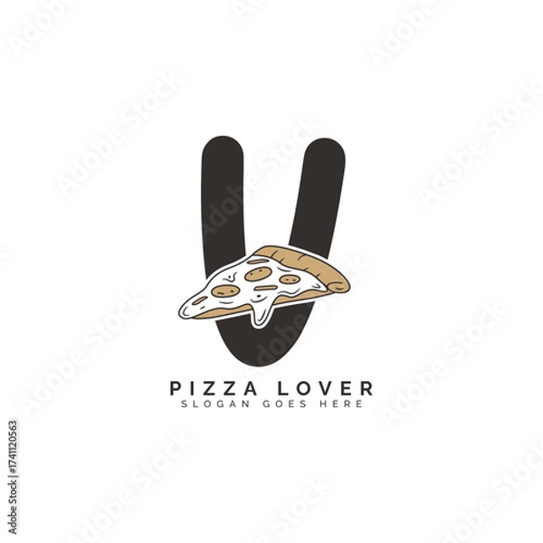 Fototapeta Letter V Pizza Logo Design. Alphabet V Pizza Concept Icon