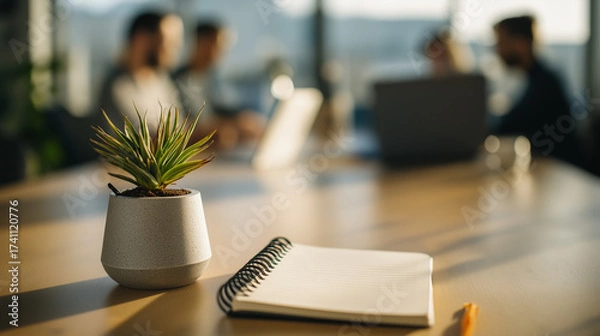 Fototapeta A plant, notebook, and pen with coworkers using laptops