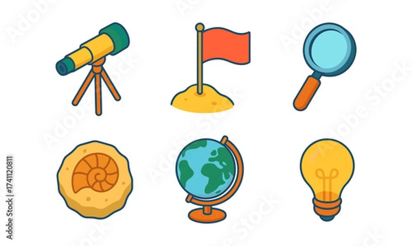 Fototapeta Educational icons set featuring telescope, flag, magnifying glass, fossil, globe, and light bulb
