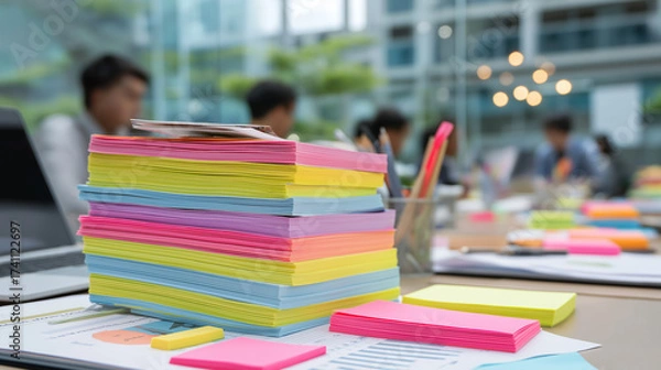 Fototapeta A stack of reports, pens, and sticky notes with coworkers using laptops