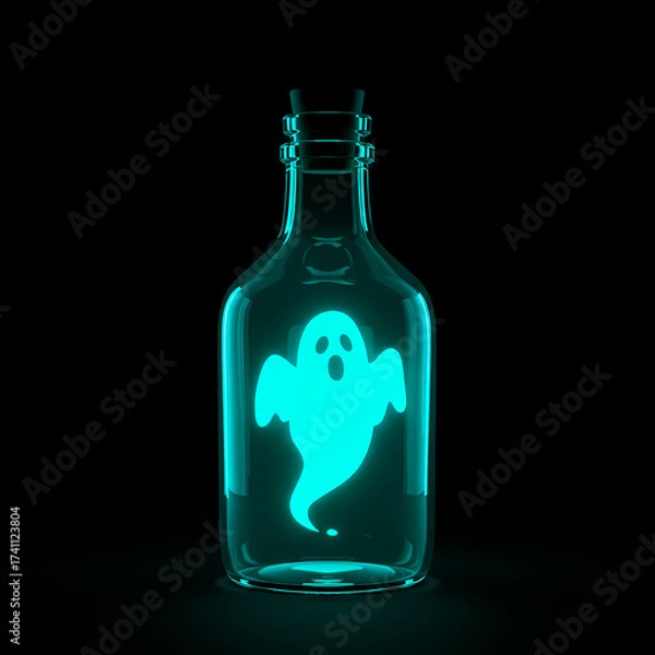 Fototapeta Ghost glowing inside a glass bottle on a dark background for Halloween  
