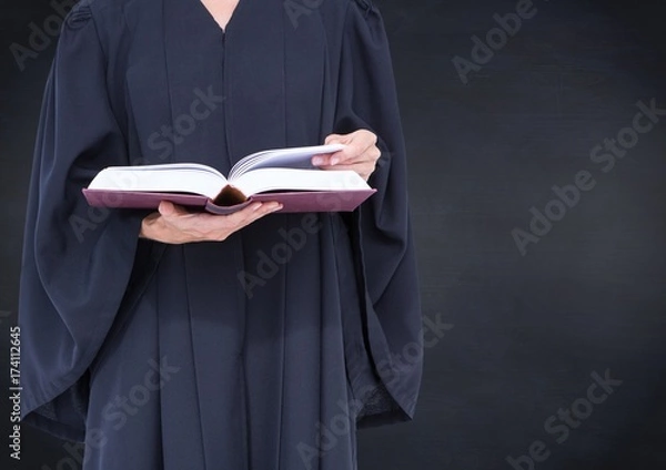 Fototapeta Female judge mid section with open book against navy chalkboard