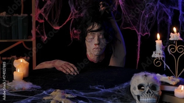 Obraz Scary zombie hands hold a severed dead head