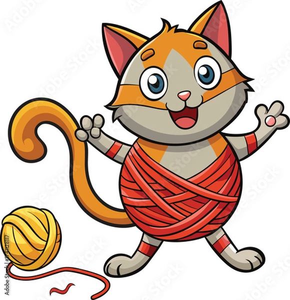 Fototapeta Cartoon Cat Tangled in Yarn