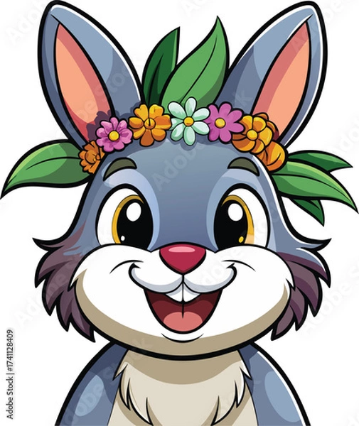 Fototapeta Cheerful Cartoon Rabbit with Colorful Flower Crown and Big Smile