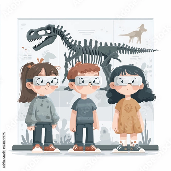 Fototapeta Children wearing virtual reality headsets on a prehistoric dinosaur tour