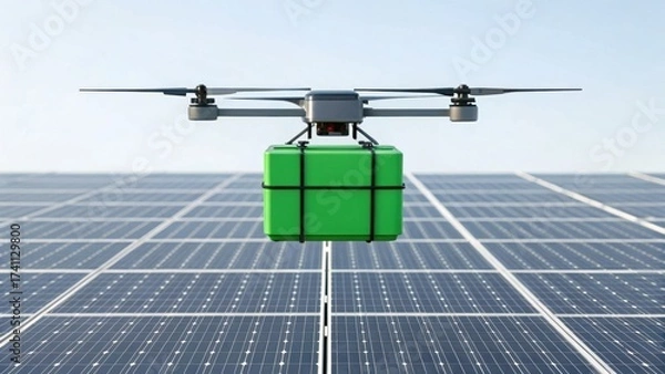 Fototapeta Drone Picking Up Green Package from Solar Panel Field