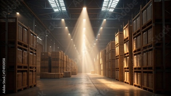 Fototapeta Illuminated Warehouse Interior with Solar Light Streams and Standard Setup