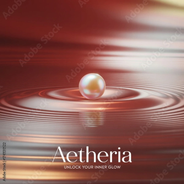 Fototapeta Iridescent pearl sits on rippling metallic surface with soft light reflections