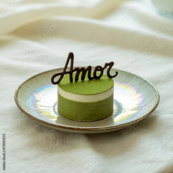 Fototapeta Round green tea cake with white cream layer and chocolate Amor inscription on a textured plate
