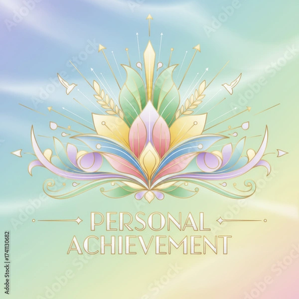 Fototapeta Ornate floral lotus design with upward arrows and text Personal Achievement on a gradient background