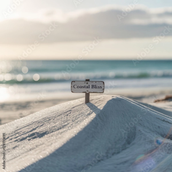 Fototapeta Rustic wooden sign with Coastal Bliss text stands on a sand dune overlooking a calm ocean