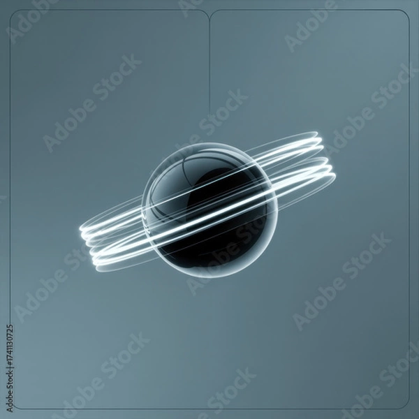 Fototapeta A dark reflective sphere with glowing white light trails orbiting around its center