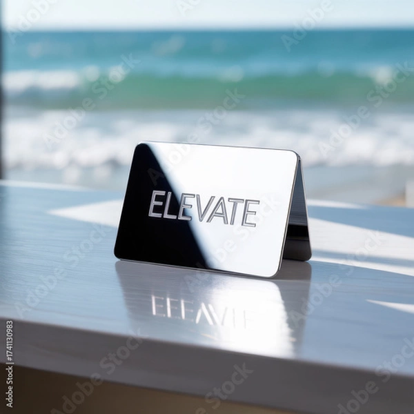 Fototapeta Polished metal sign with the word ELEVATE reflects on a tabletop with an ocean backdrop