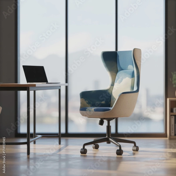 Fototapeta Modern office chair with sky cloud pattern sits near a desk with a laptop