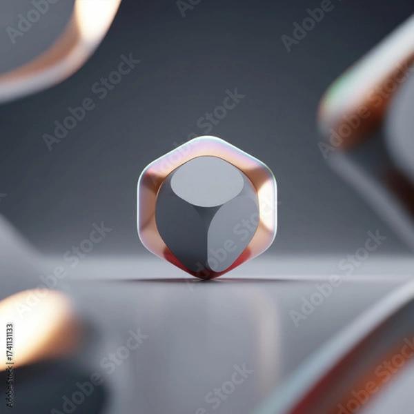Fototapeta A metallic hexagonal prism with iridescent edges rests on a reflective surface abstract