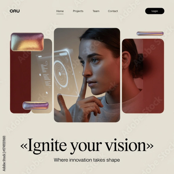 Fototapeta Woman interacting with futuristic holographic interface displaying data conceptual technology