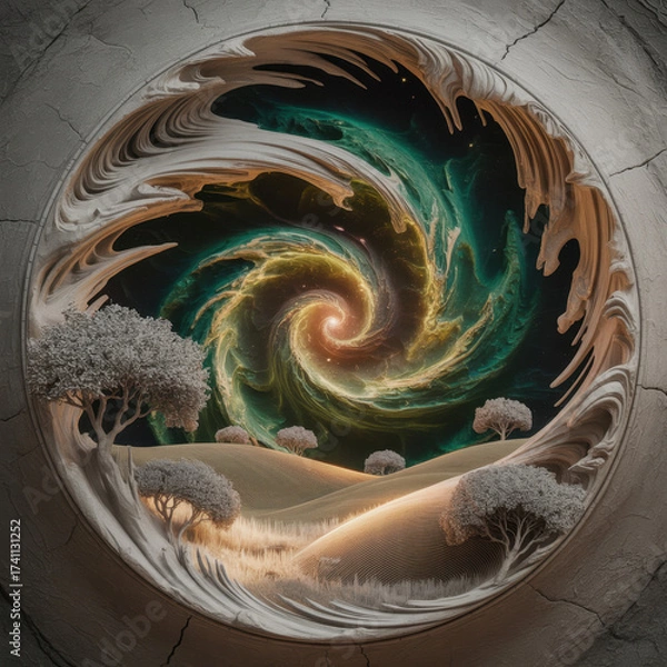 Fototapeta Surreal landscape framed by stone featuring rolling hills bare trees and a vibrant swirling nebula