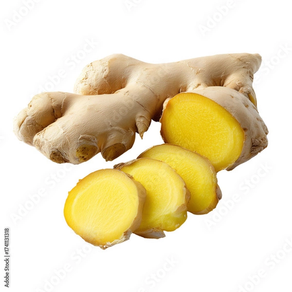 Fototapeta  ginger root with vibrant yellow slices isolated on transparent White background png
