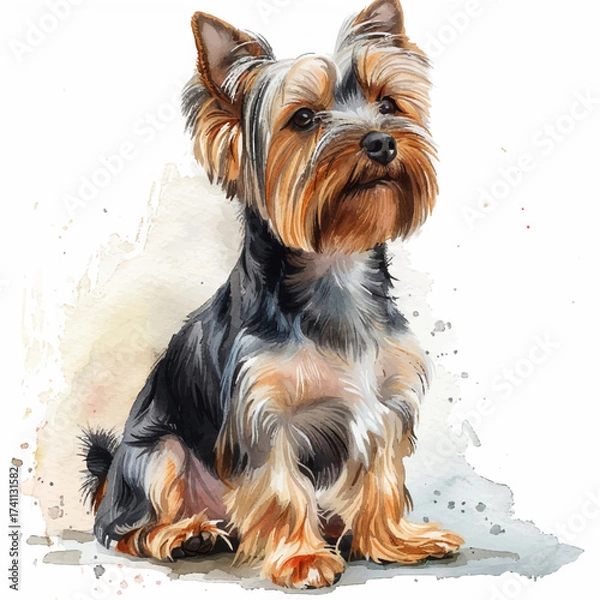 Fototapeta Postcard with a picture of a Yorkshire Terrier dog on a white background