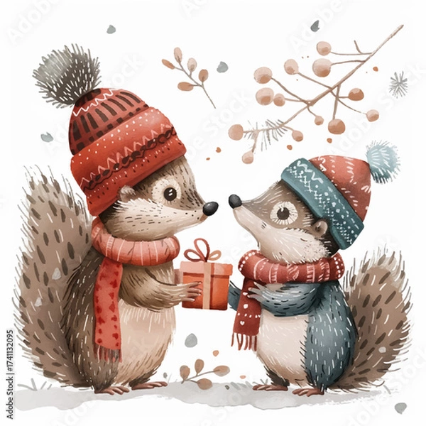Fototapeta Christmas card with squirrels giving gifts. cute illustration, vector picture
