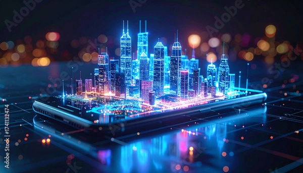 Fototapeta Digital City on Phone: Futuristic city lights illuminating a smartphone, symbolizing technological advancement and digital connectivity.