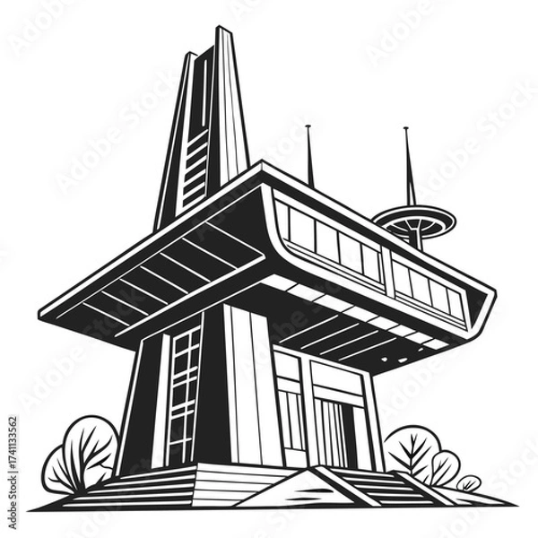 Fototapeta Futuristic building with antenna and stylized trees