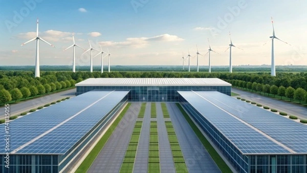 Fototapeta Modern Solar Array Installation Near Farm with Wind Turbines