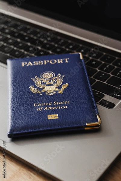 Fototapeta United States passport on laptop keyboard, symbolizing modern travel, digital identity verification, and international documentation