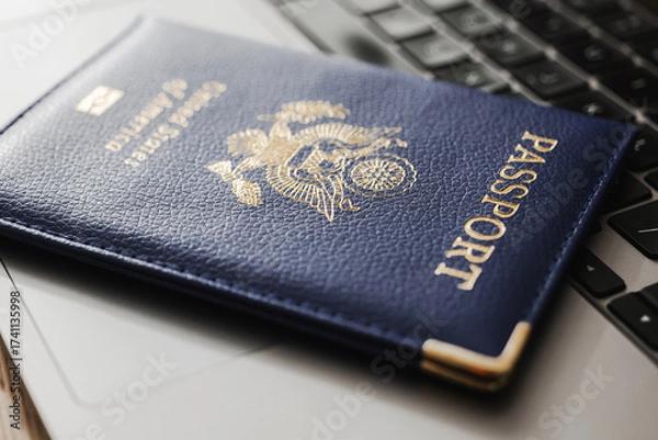 Fototapeta United States passport on laptop keyboard, symbolizing modern travel, digital identity verification, and international documentation