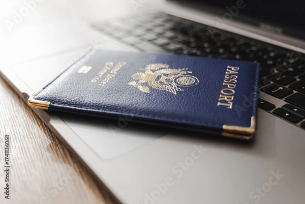 Fototapeta United States passport on laptop keyboard, symbolizing modern travel, digital identity verification, and international documentation