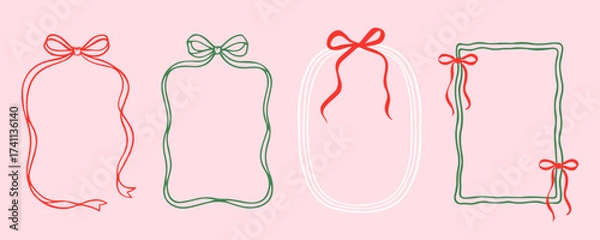 Fototapeta Christmas artistic frames with bow and ribbon in trendy retro hand drawn doodle style for design and decoration of card, poster, banner and invitation. New Year holiday frame design vector collection.