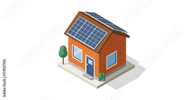 Fototapeta Charming brick house with solar panels on roof and small front yard in isometric style