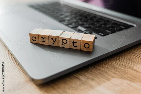 Fototapeta Wooden blocks forming the word “crypto” on a laptop keyboard, representing cryptocurrency, blockchain, digital assets, fintech innovation, and online financial transactions