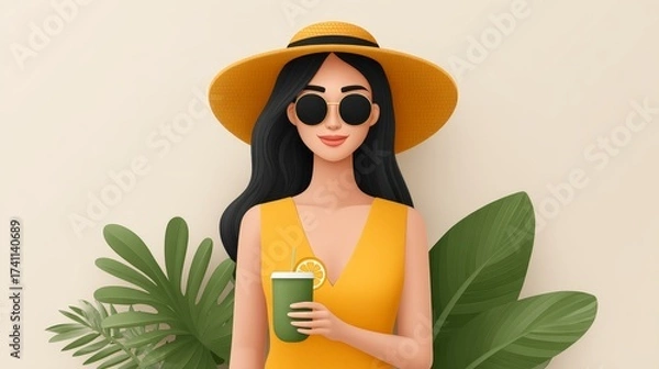Obraz Colorful art poster of women enjoying tropical drinks in a lush environment