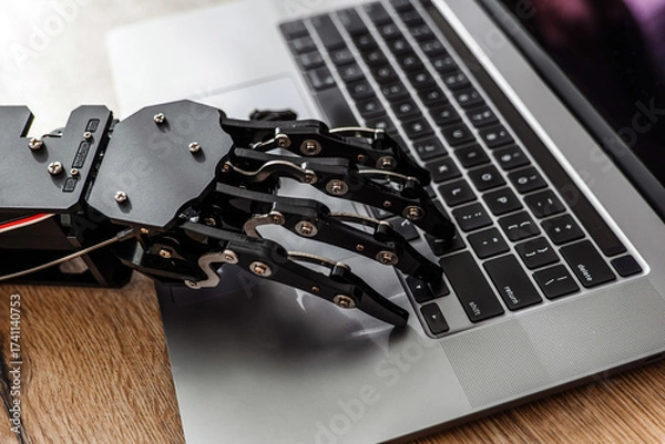 Fototapeta Robotic hand typing on laptop keyboard, concept of artificial intelligence and automation