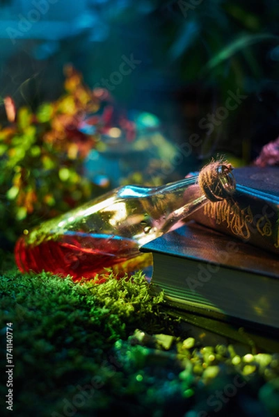 Fototapeta potion bottle filled with red liquid tilts beside a worn, ancient book on a bed of green moss. Soft light glimmers through surrounding plants, creating a magical atmosphere