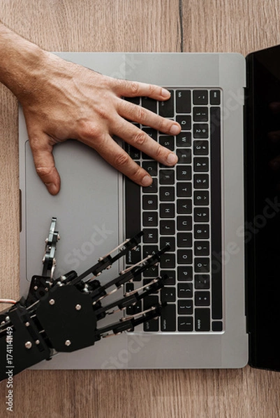 Fototapeta Human hand and robotic hand typing together on laptop, concept of AI collaboration, human-machine interaction, and future technology