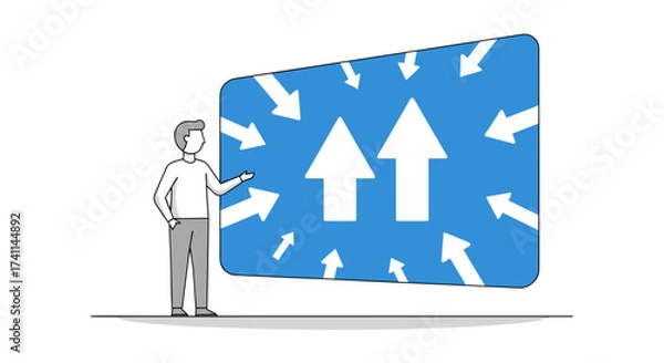 Obraz A minimalist illustration depicts a man presenting a blue screen with upward arrows, symbolizing growth, progress, and direction within a business or technological context.
