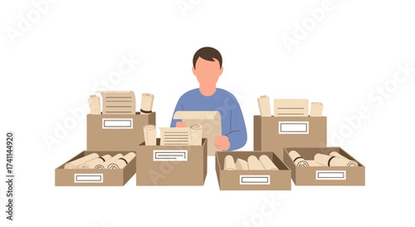 Obraz An illustration depicts a person surrounded by cardboard boxes filled with various items, suggesting packing, shipping, or inventory management in a clean, minimalist style against a white background.